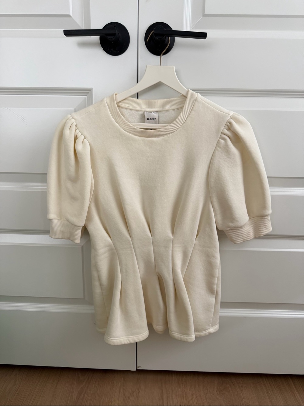 Maeve Ivory Puff-Sleeve Peplum Sweatshirt